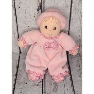 6" Vintage Dakin 'First Doll' Pink Baby Girl Plush Rattle Gingham Hat Bow Lovey